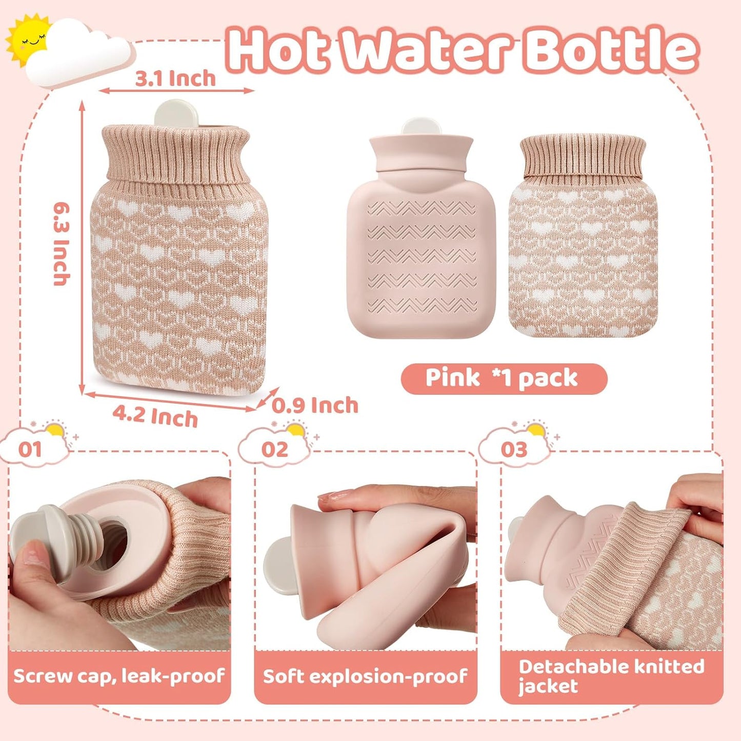 Amylove Mini Hot Water Bottle 320ml for Hot & Cold Compress with Cover Silicone Microwave Heating Small Water Bag for Travel Pain Relief Holiday Gifts(Beige)
