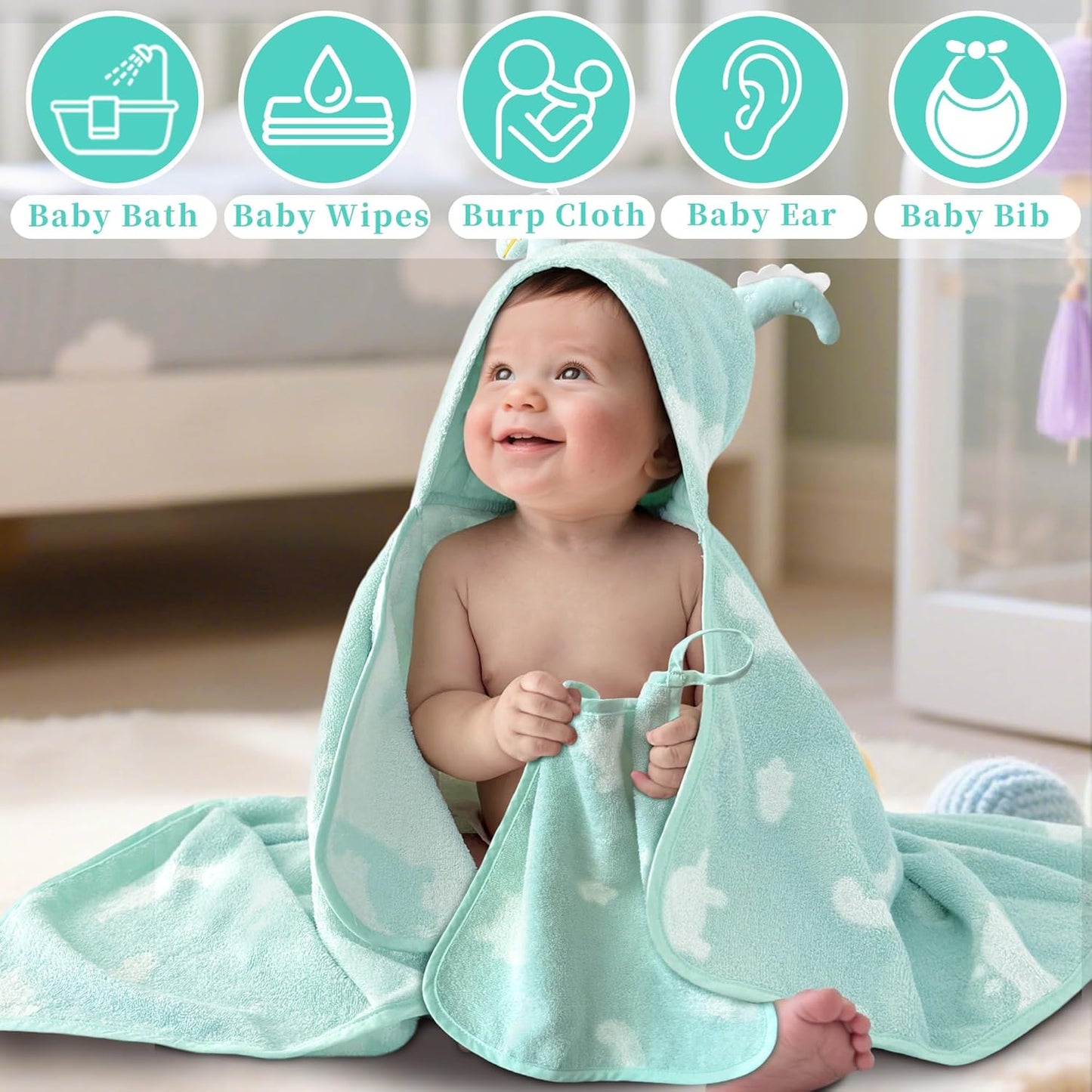 VOOVA & MOVAS 6 Pack 100% Cotton Baby Washcloths | 12x12 Inches | Highly Absorbent | Ultra-Soft Newborn Towels | Perfect Set,Baby Essentials |Dino & Ivory Colors