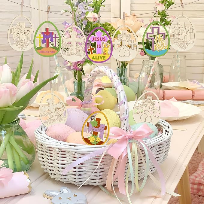 36PCS Wooden Easter Ornaments to Paint, Christian DIY Blank Unfinished Wood Egg