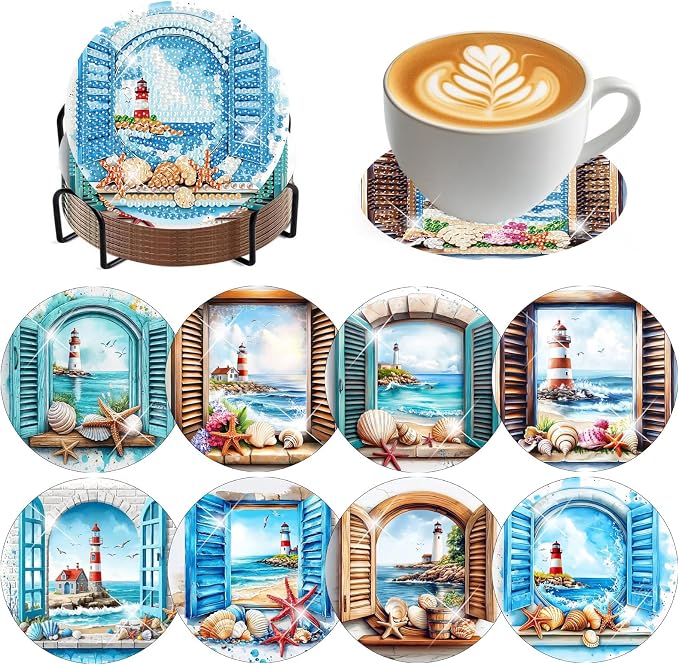 8 PCS Diamond Art Coasters Kits Lighthouse Diamond Painting Coaster | Diamond