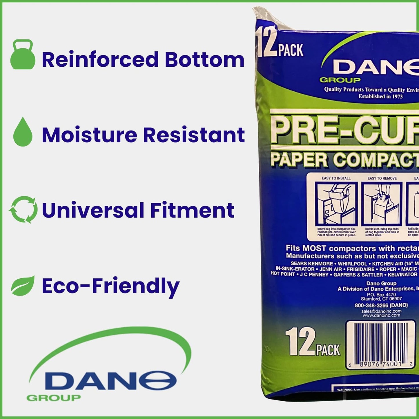 Dano Pre-Cuffed Compactor Bags (12 Pack) - Precuffed, Garbage Compactor, Kitchen Lining, Hardware for Home Use, Durable Material, Kitchen Essential, Paper & Plastic Lined Bags