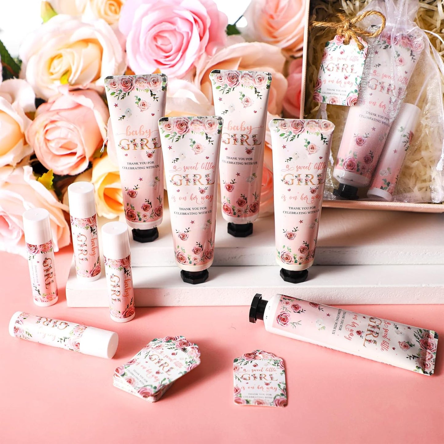 24sets/96pcs Baby Shower Gifts for Guests Hand Cream and Lip Balm Gifts Baby Shower Party Favors Travel Size Hand Lotion and Lip Balm Thank You Gift for Guests with Organza Bag and Tag Wedding Party