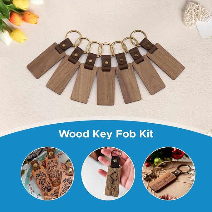 OMTech Wooden Keychain Blanks, Wood Key Chain Bulk, Unfinished Wooden Key Rings