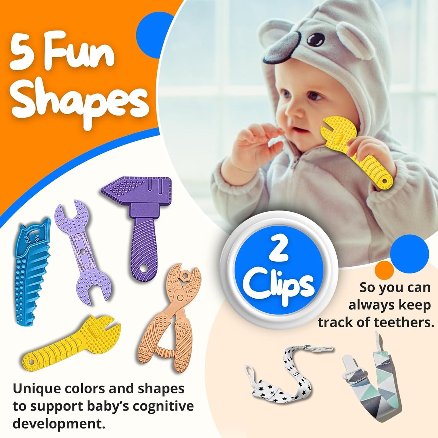 Infant Teething Tools Set: Includes 2 Clips! Soft BPA Free Teething Toys, 5 Piece Construction Set, Baby Boy Essentials Einstein, Gift for Infant Toddler Boy Girl