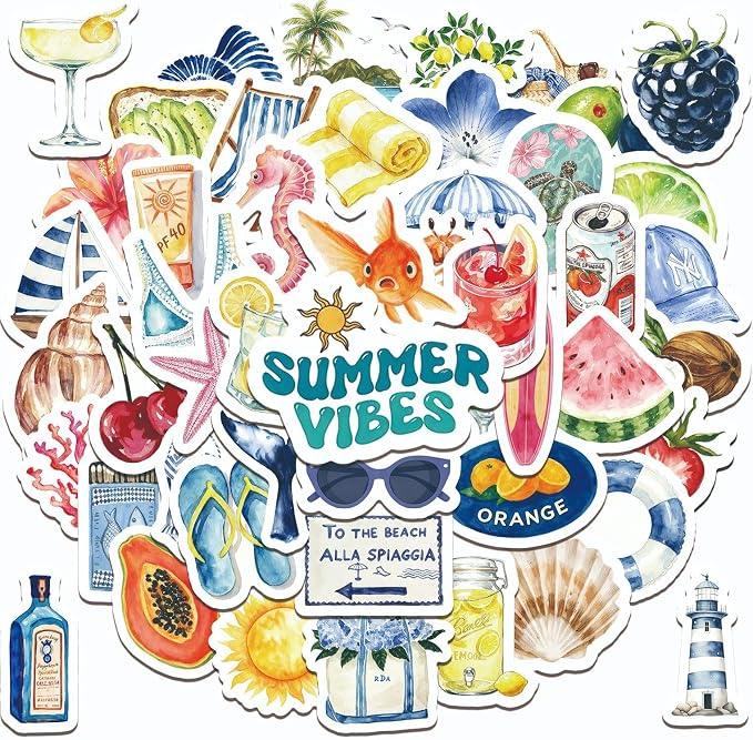 50 Pcs Watercolor Summer Beach Stickers, Tropical Ocean Fruit Sea Creature