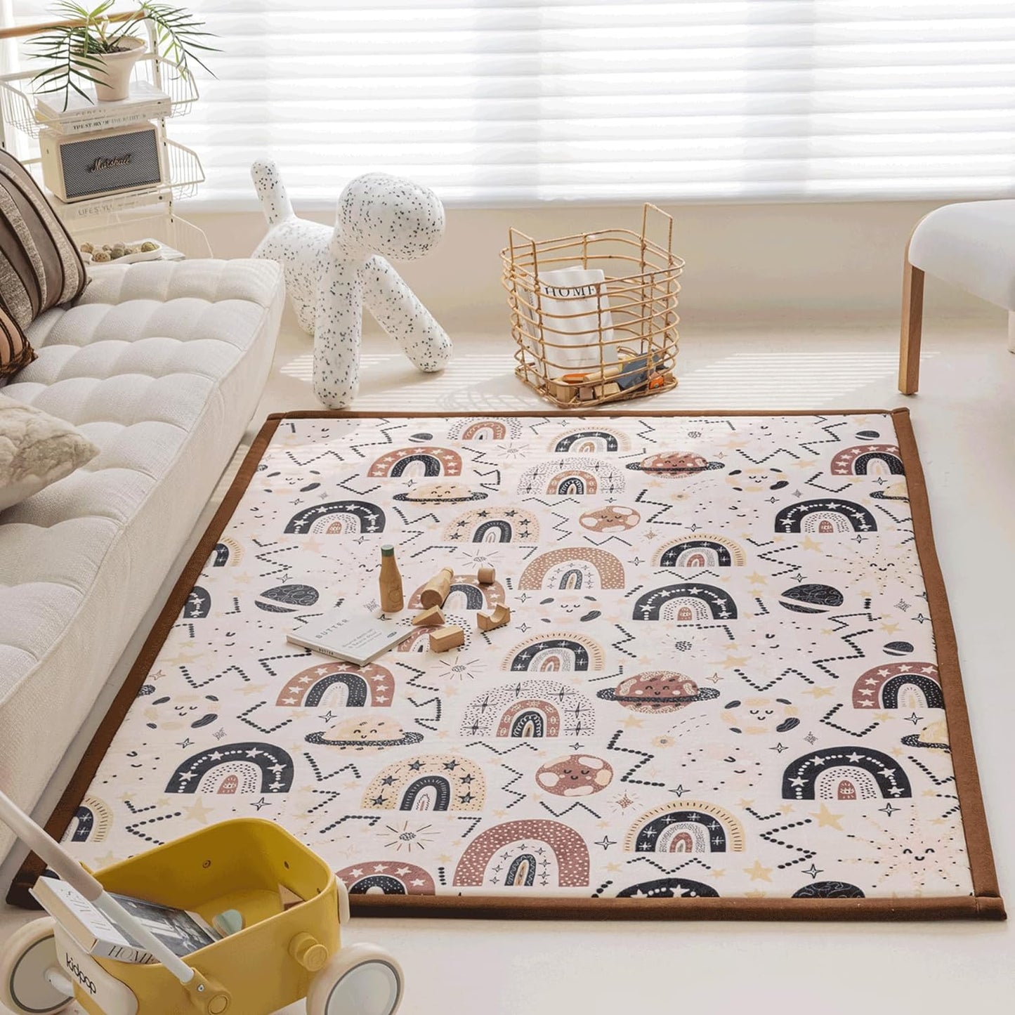 Loartee Rainbow Kids Play Mat - 1" Thick Baby Nursery Rug, Soft Crawling Mat for Toddlers and Tummy Time, Coral Velvet Memory Foam Rug, Brown, 50"x50"