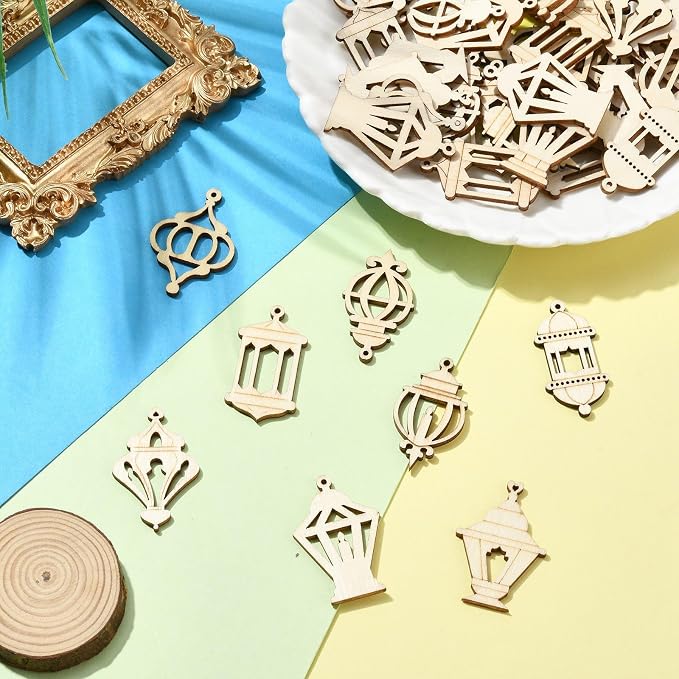 200 pcs Mixed Styles Hollow Lantern Theme Undyed Wood Cutout Charms Pyrography