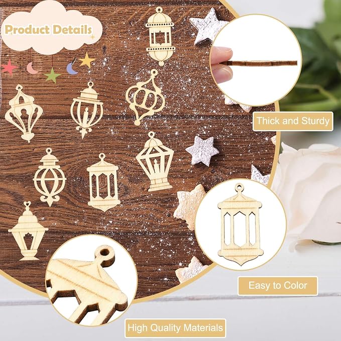 200 pcs Mixed Styles Hollow Lantern Theme Undyed Wood Cutout Charms Pyrography