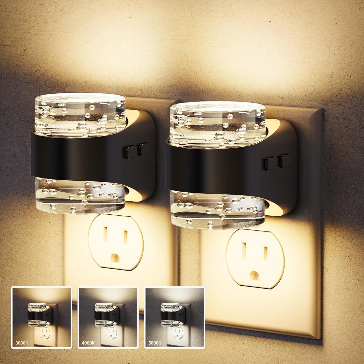 JandCase LED Night Light, Bubble Night Lights Plug into Wall, [2 Pack]Night Light 3000K/4000K/5000K & 3 Brightness Levels, Dimmable Nightlight with Dusk to Dawn Sensor for Bathroom Hallway Bedroom