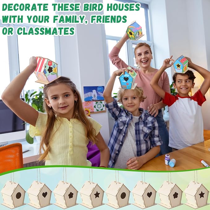 DoubleFill 36 Pcs 4. 33" DIY Wooden Birdhouses Craft