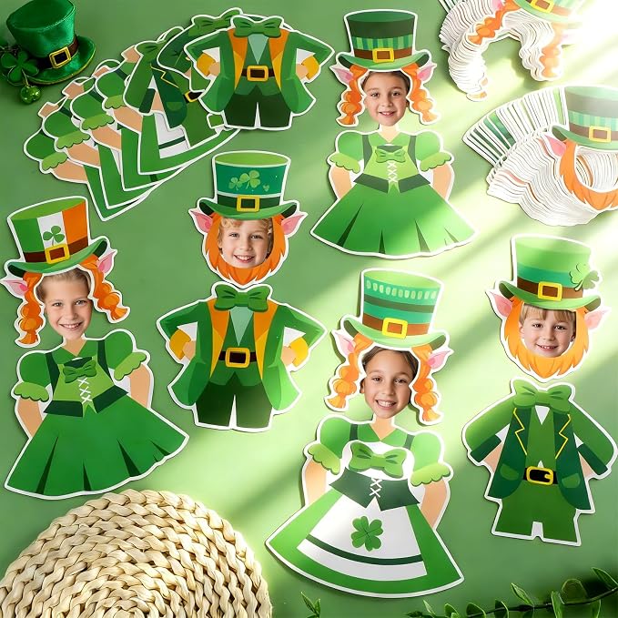 OBUSATT 60 Pcs St. Patrick's Day Leprechaun Hats Theme Cutouts Hat and Beard