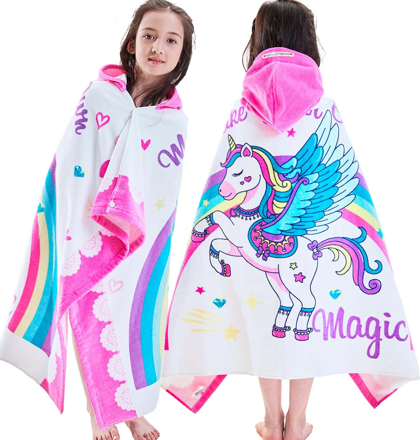 Kids Towels with Hood Age 3-10, 30''X50, Soft | Thick | 100% Cotton | Absorbent | Large Wrap| Cover Up, Perfect for Beach, Pool, Bath, Swim, White Magic Unicorn