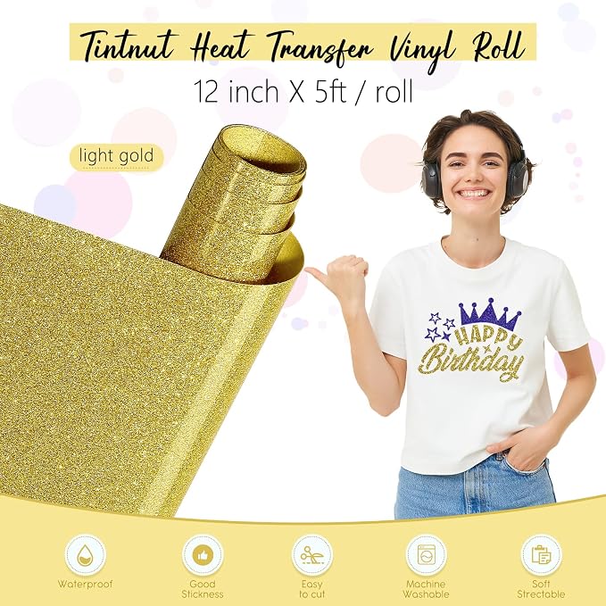Tintnut Gold Heat Transfer Vinyl Roll, easy cut & weed, stretch washable
