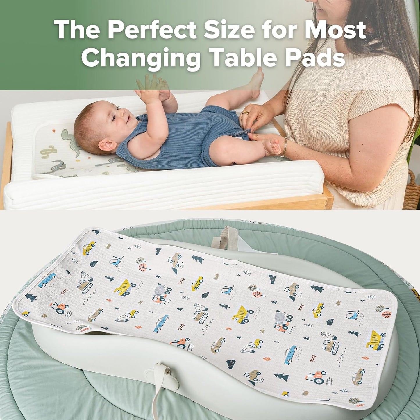 haakaa Waterproof Changing Pad Liners, 100% Cotton, Soft & Breathable (2pcs, 13" x 27.5" Construction Crew+Dino Land)