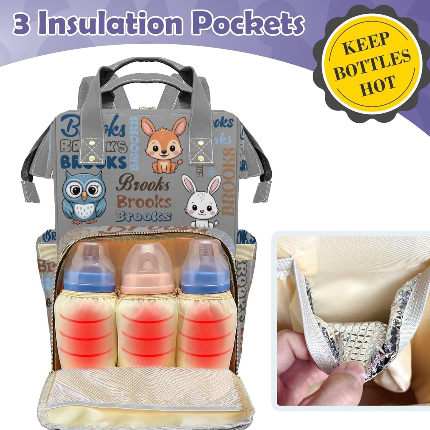 Large Capacity Custom Diaper Bag for Baby Girls with Name, Cute Animals Multifunctional Mom Personalized Diaper Bag Backpack Waterproof Women Customized Daypack Nappy Bag, Gray (Cute Animals)