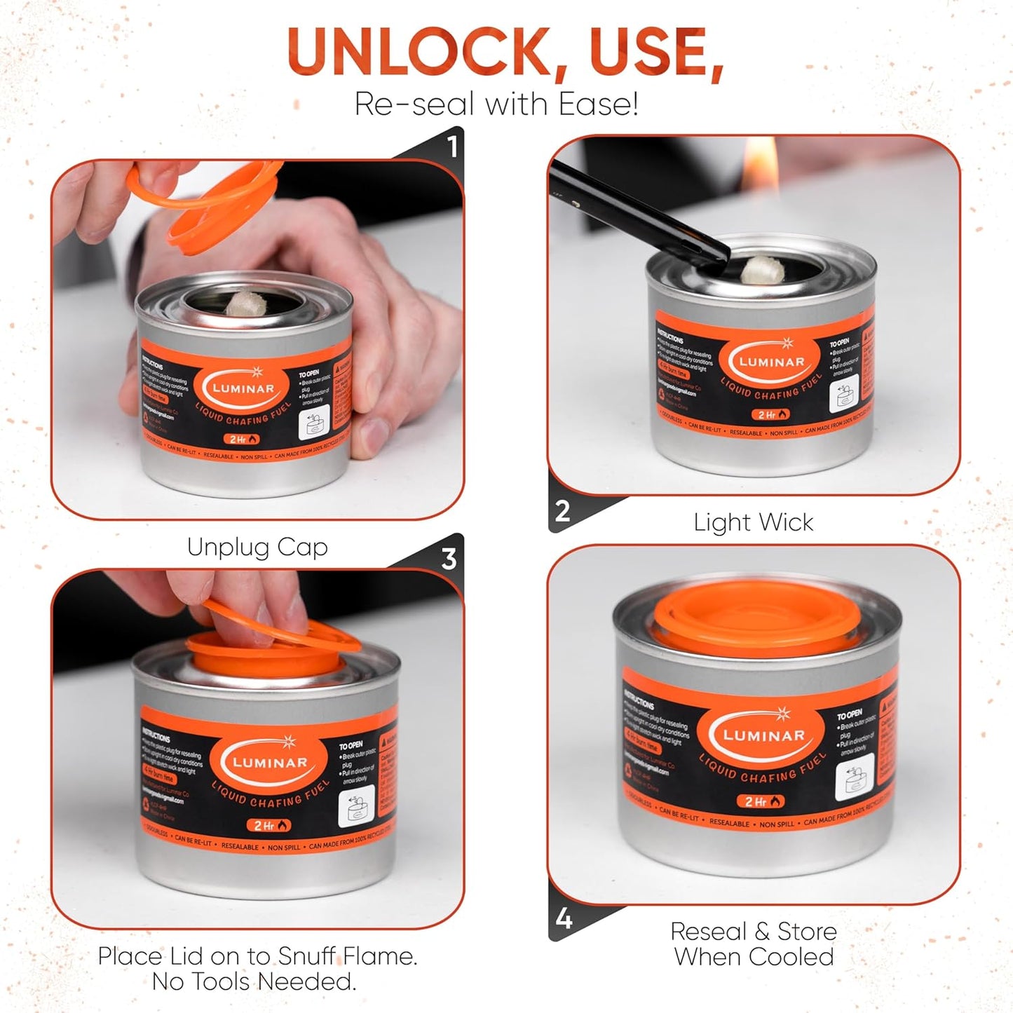 Luminar Resealable-Wick Chafing Fuel Cans, 24 Pack, 2 Hour - Premium Quality Burners for Food Warmers - No More Spills, Waste, or Hassle - Perfect for Convenient, and Long-Lasting Event Catering