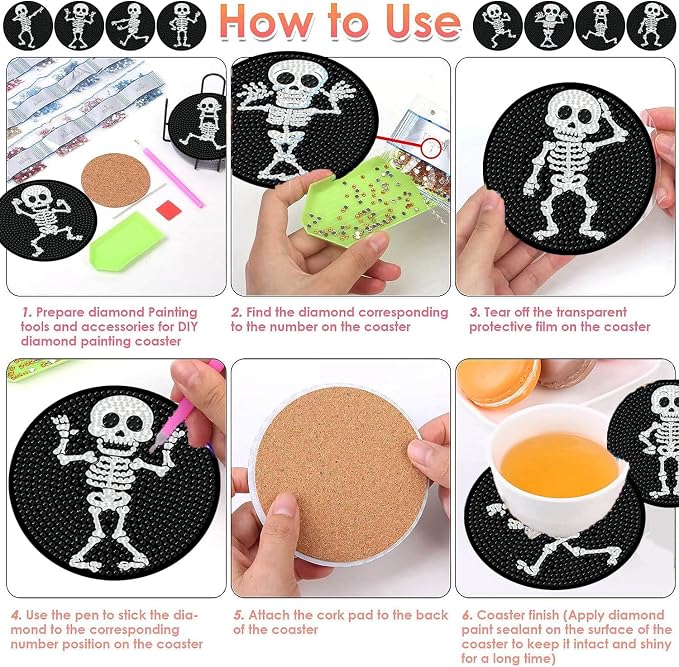ijbnhd 8 PCS Skull Diamond Art Coasters 4X4inch | Skull Diamond Painting