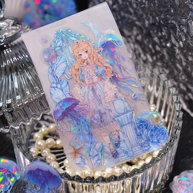 120 Pcs Holographic Glitter Jellyfish Ocean Life Stickers