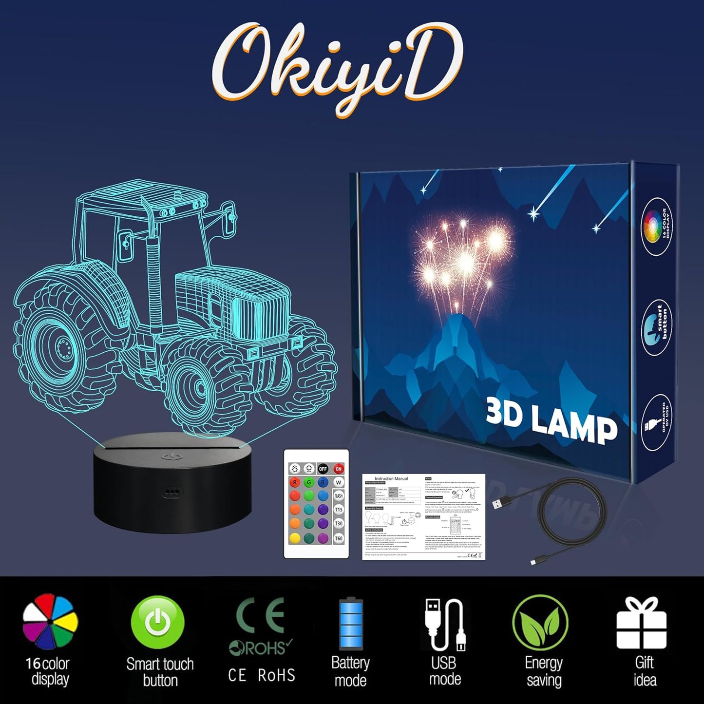 Tractor Gifts, Tractor Night Light, 3D Illusion Lamp with 16 Colors Remote and Touch Control - Gifts for Boy Men Women Christmas Decoration, Girl Boys' Kids Room, Birthday Gift
