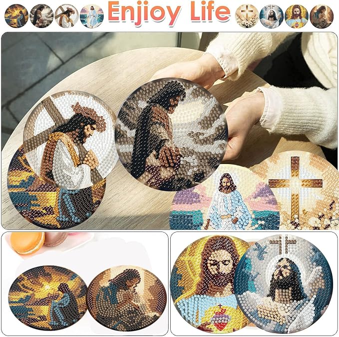 ijbnhd 8 Pcs Diamond Art Coasters Kits Jesus Diamond Painting Coasters |