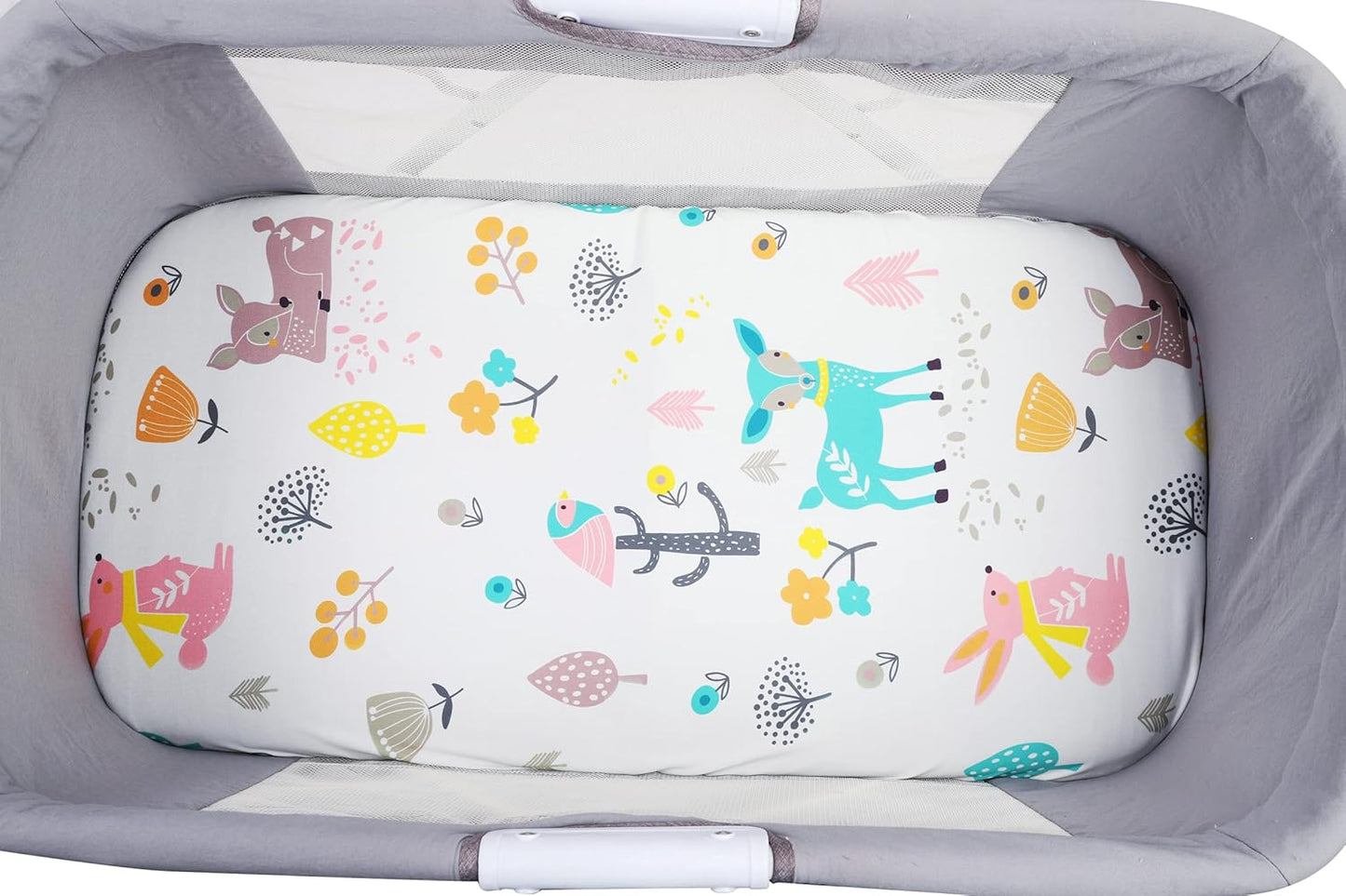Onacosht Bassinet Sheets for Baby Boy and Girl, Stretchy Fitted Sheet Universal for Bassinet Cradle Hourglass Oval Rectangle Pad/Mattress, 4 Pack Deer, Elephant, Rabbit and Squirrel Printing