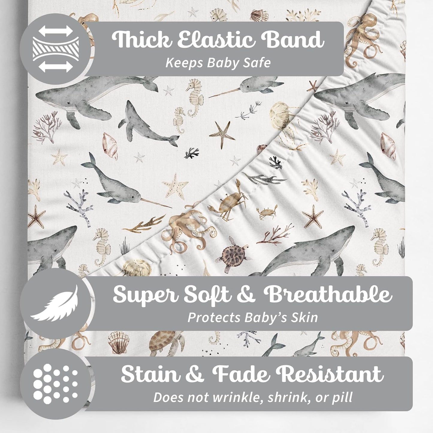 Crib Sheets Neutral - Fitted Baby Crib Sheets Bed for Girl Boy - 2 Pack Standard & Toddler Mattress (Ocean Odyssey) - Buttery Soft Organic Cotton Blend