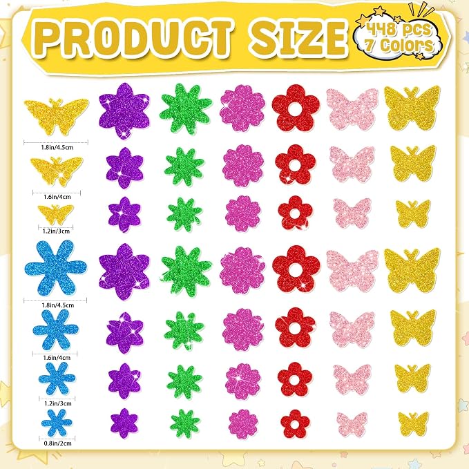 Foam Stickers, 7 Sheets 3D Glitter Foam Flower and Butterfly Shapes Stickers