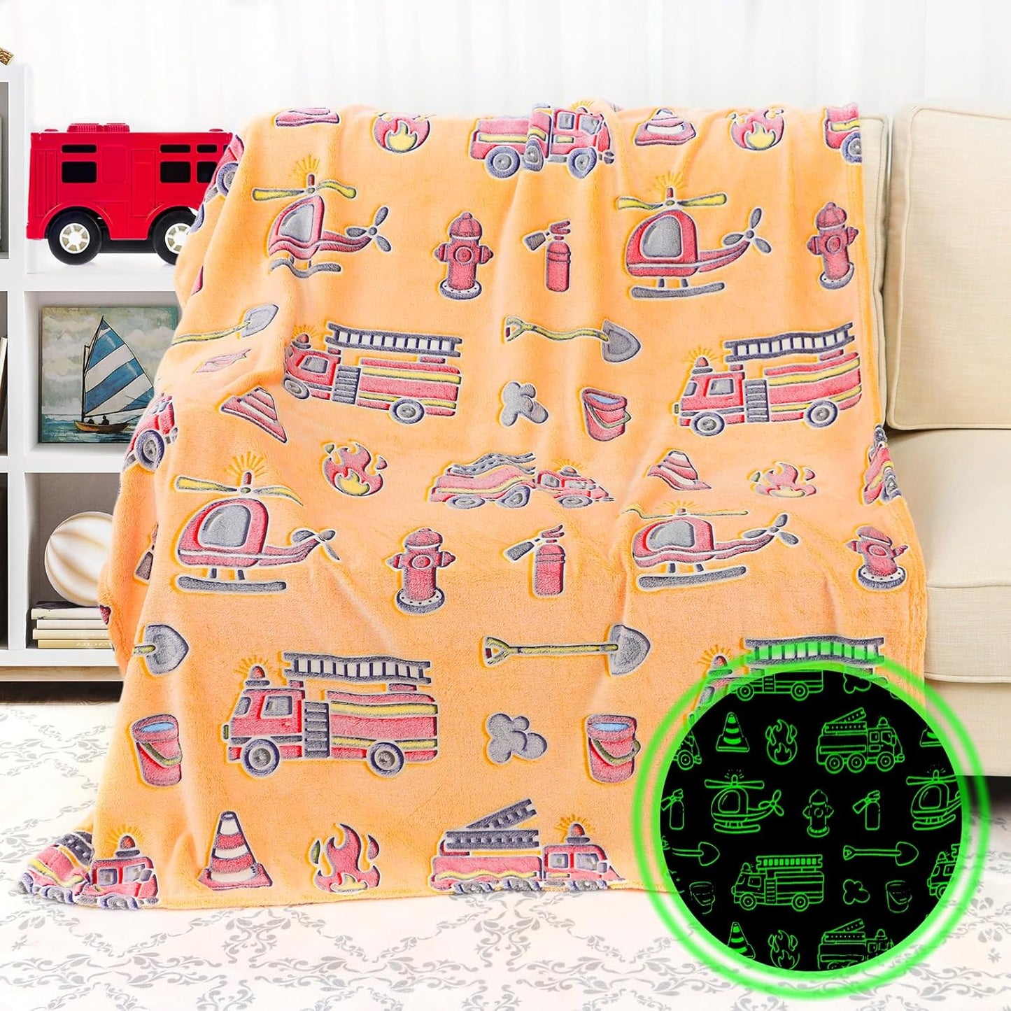 Fire Truck Blanket Glow in The Dark Blanket for Toddler Boy Blankets Firetruck Gifts Toys for Boys Son Birthday