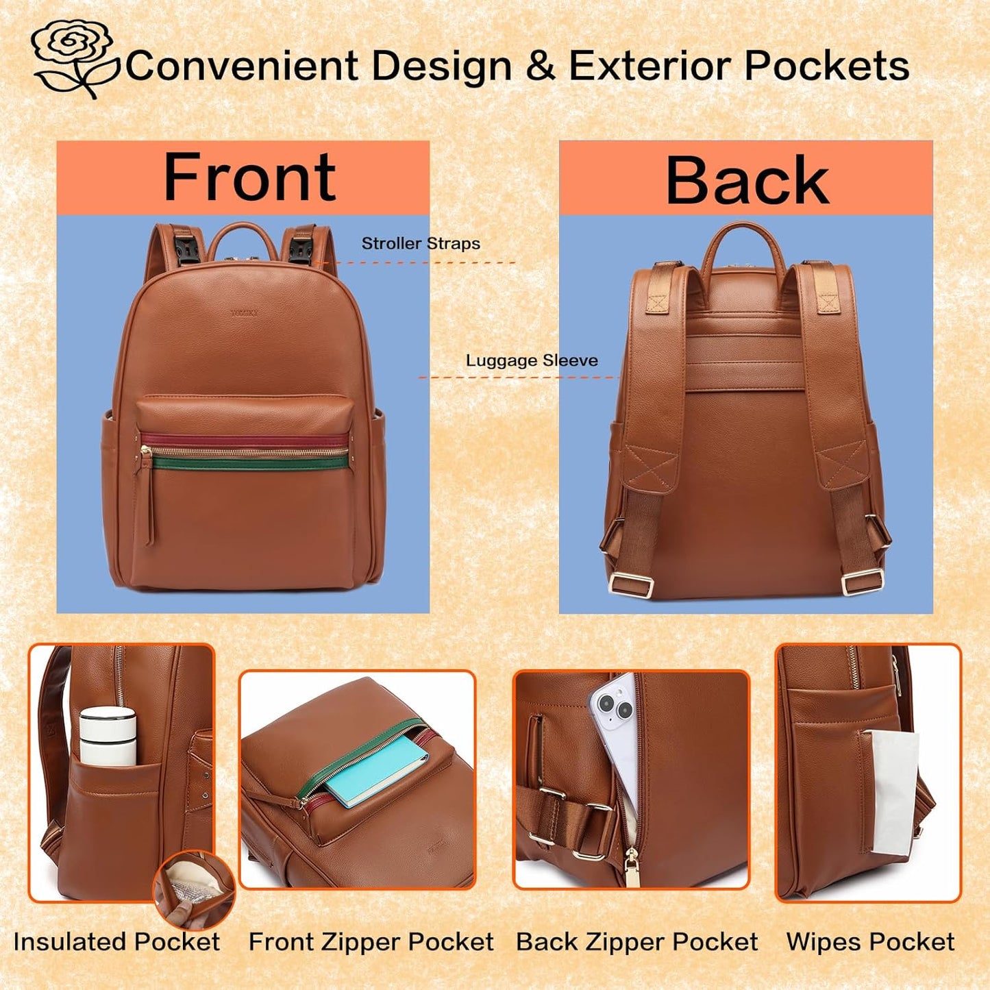 Leather Diaper Bag Backpack for Women with Multiple Pockets,Laptop Compartment and Changing Pad.