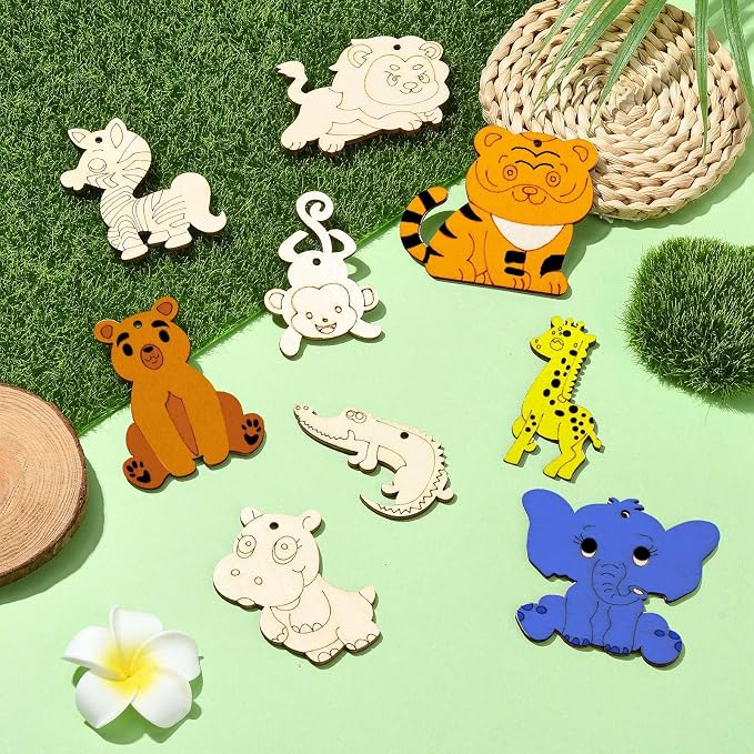 45 Pcs 9 Styles Unfinished Animal Wood Cutouts Cute Horse Lion Bear Wooden