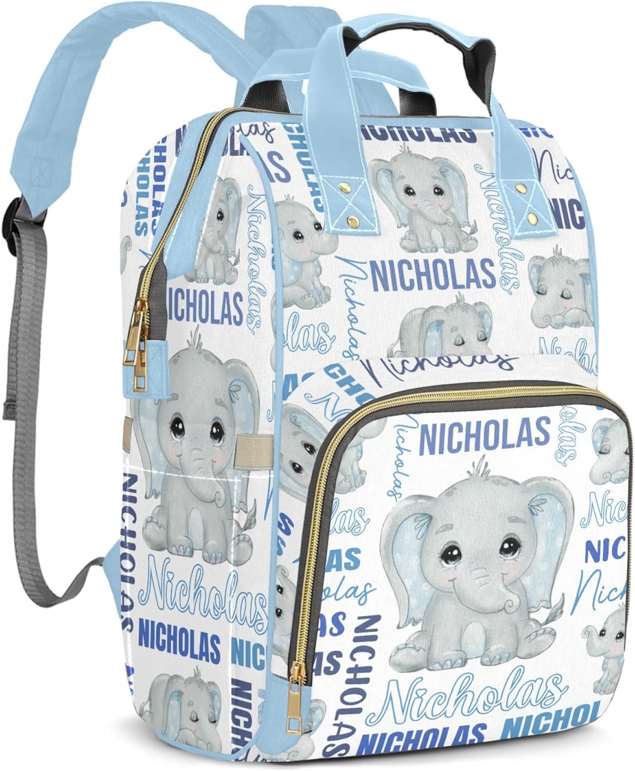 Custom Diaper Bag Mommy Bag with Multi-function Shoulders Outdoor Backpack for Newborn Baby Boy Elephant, Blue Customized Nappy Backpack with Thermal Pockets Nursing Bags