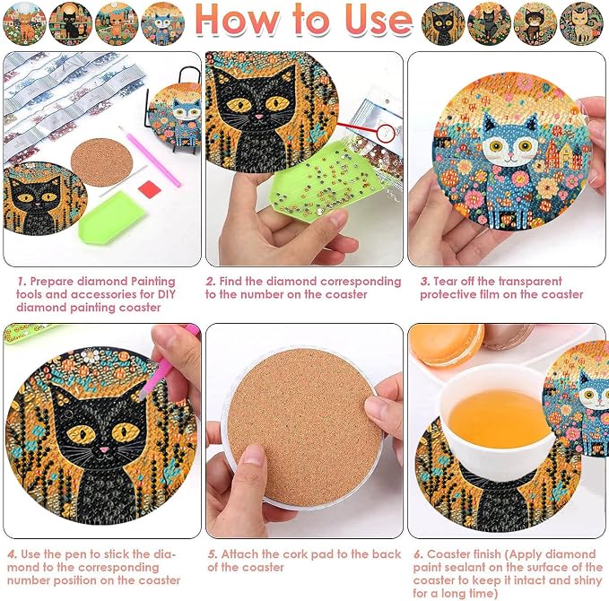 ijbnhd 8 PCS Diamond Art Coasters Kit Cat Diamond Painting Coasters | Cat