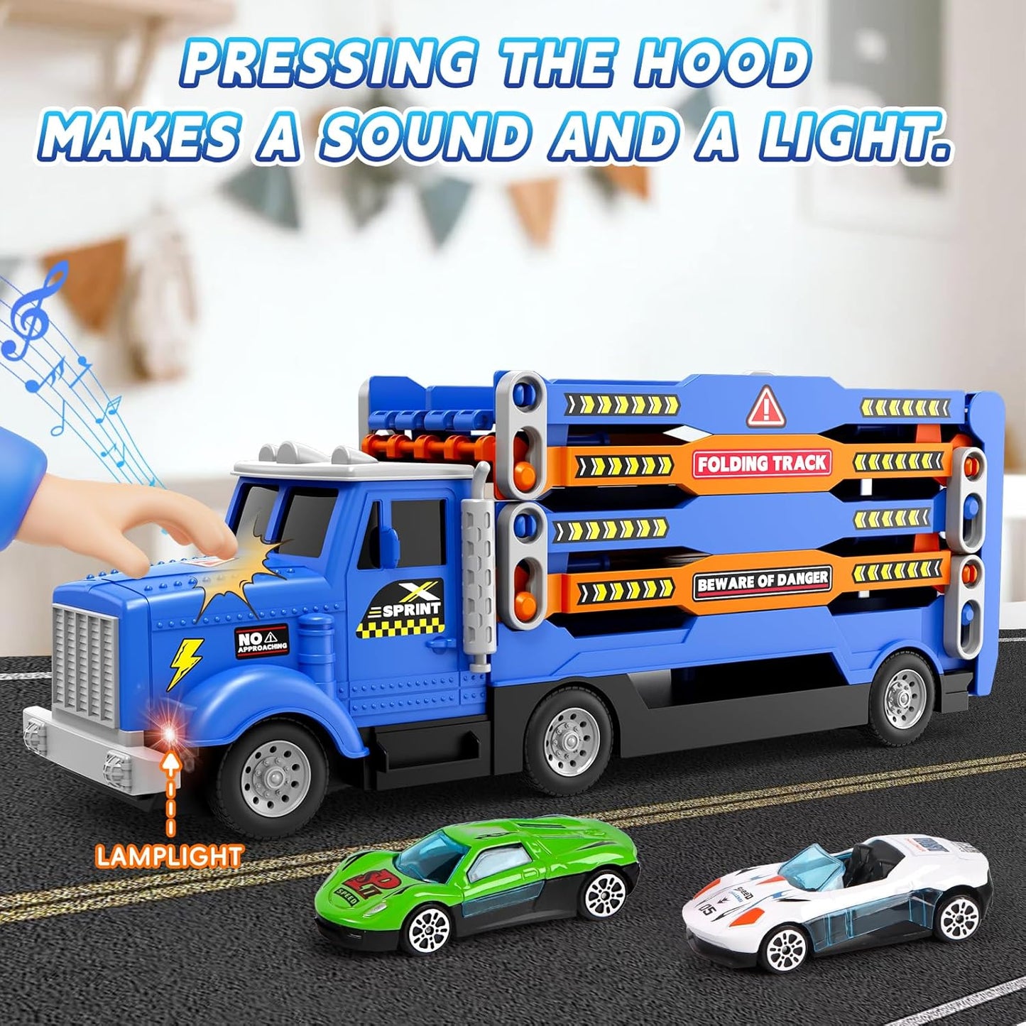HONGTUO Toddler Truck Track Set with Lights & Sounds – 55-Inch Racing Track with 6 Die-Cast Cars, Perfect Birthday for 3 4 5 6 7 Years Old Boys and Girls