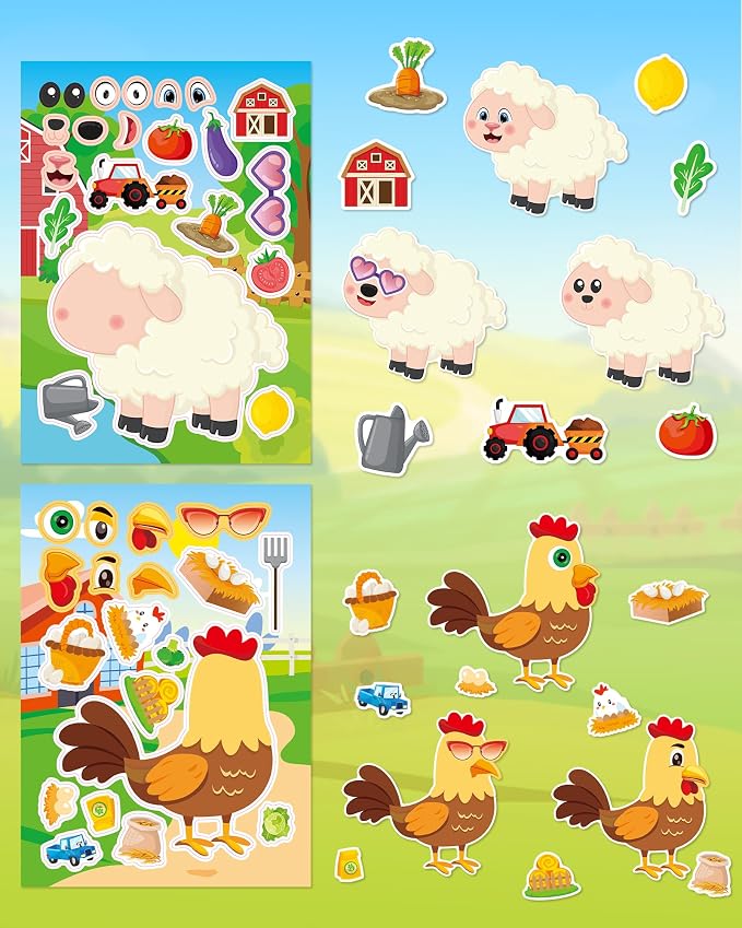 Aowplc 48 Sheets Farm Animal Make‑a‑Face Stickers
