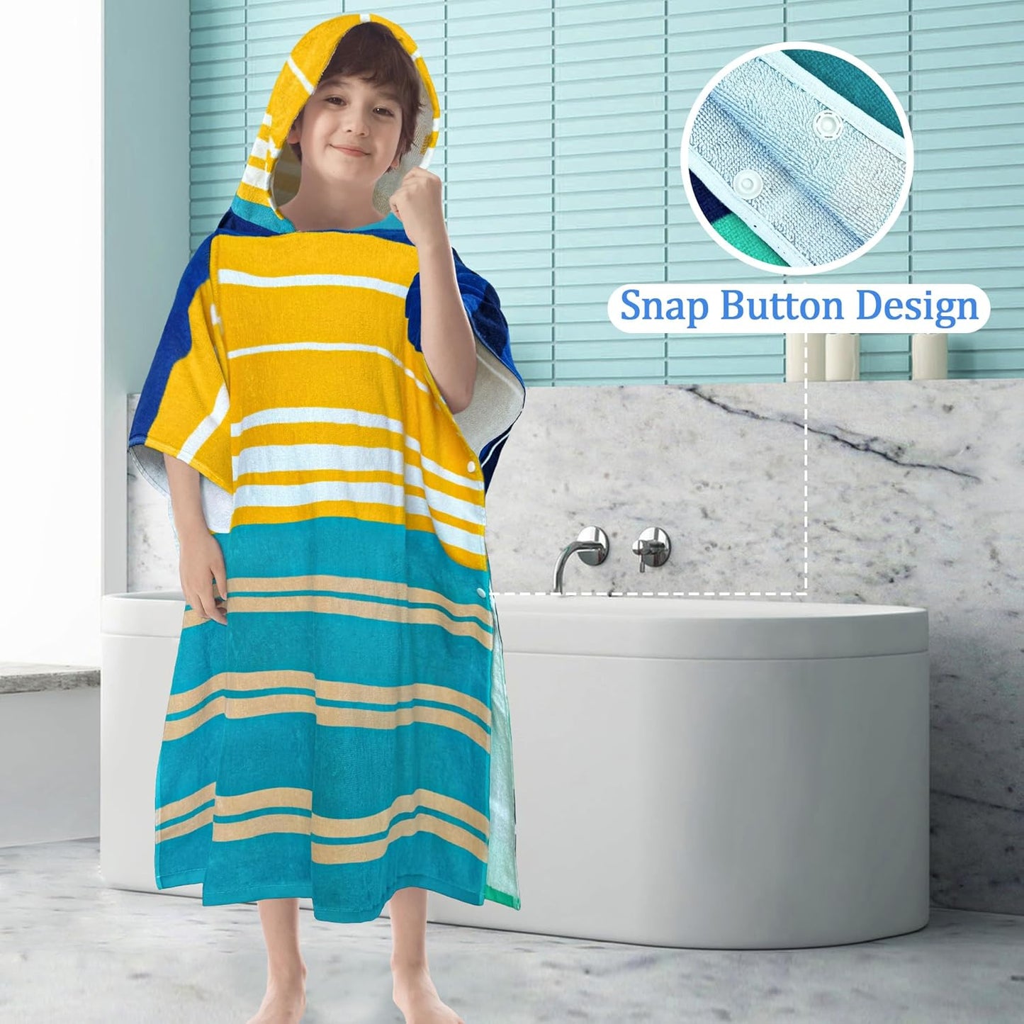 VOOVA & MOVAS Hooded Poncho Towels for Big Kids, Oversized (6-12Years,26"X64") Made from 100% Soft Cotton,Absorbent Bathrobe for Boys,Perfect for Pool| Swimming | Bathing | Beach, Blue Stripe