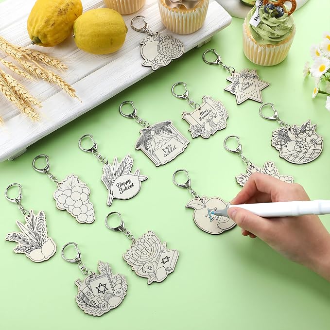 RattanView 24 Pcs Sukkot Crafts Color Your Own Keychains Diy Craft Wooden Blank