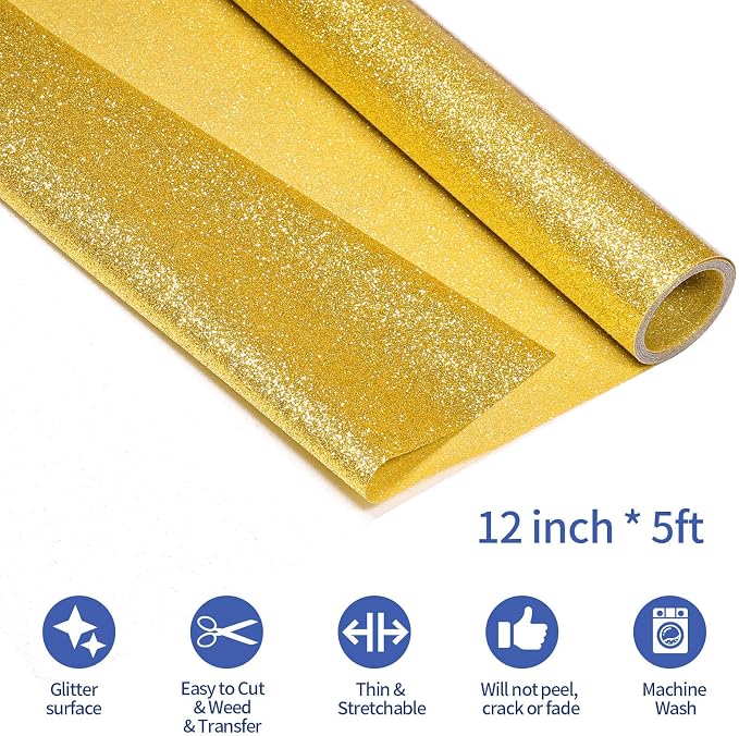 VINYL FROG Glitter HTV Vinyl Heat Transfer Vinyl Roll 12" x 5ft Gold Iron on