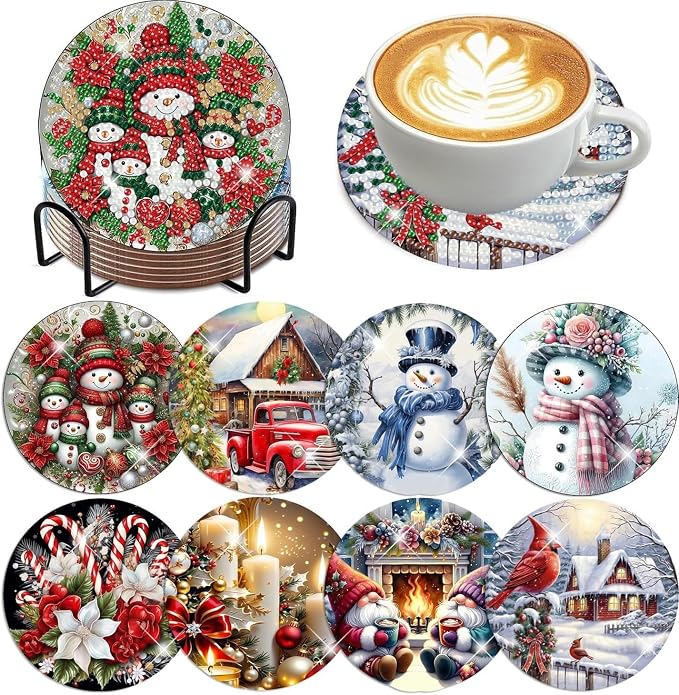 8 Pack Christmas Diamond Art Coasters, Diamond Painting Coasters Kits |