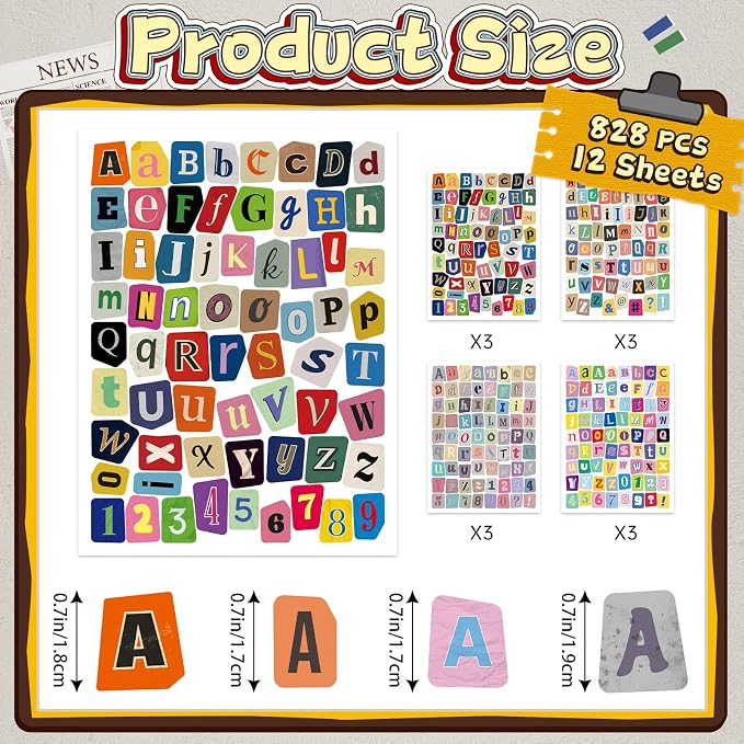 828 PCS Letter Stickers for Scrapbooking, 12 Sheets Magazine Alphabet Stickers