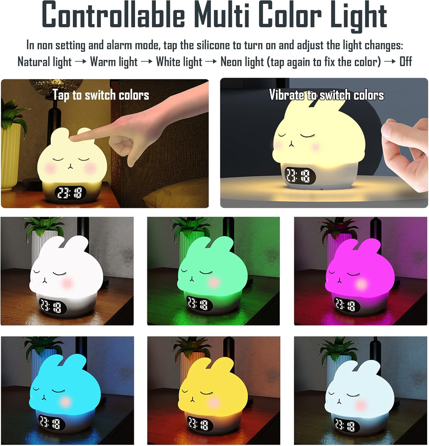 Cute Bunny RGB Rechargeable Night Light, Soft Silicone Lampshade, Adjustable Brightness LED Clock, Date, Alarm, Thermometer, Timer, Tap Control, Bedroom Lamp, Gift for Girl and Kid (White Bunny)