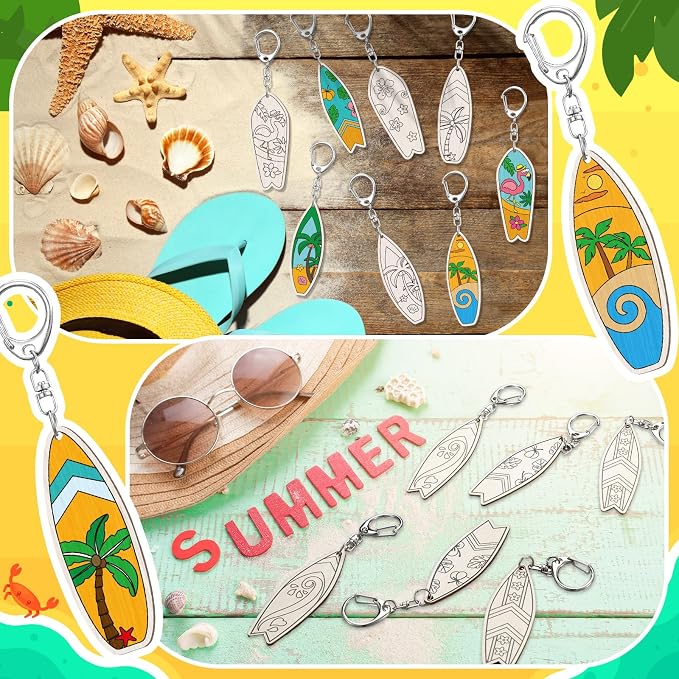 RattanView 24 Pcs Surfboard Craft Color Your Own Keychains Diy Craft Wooden