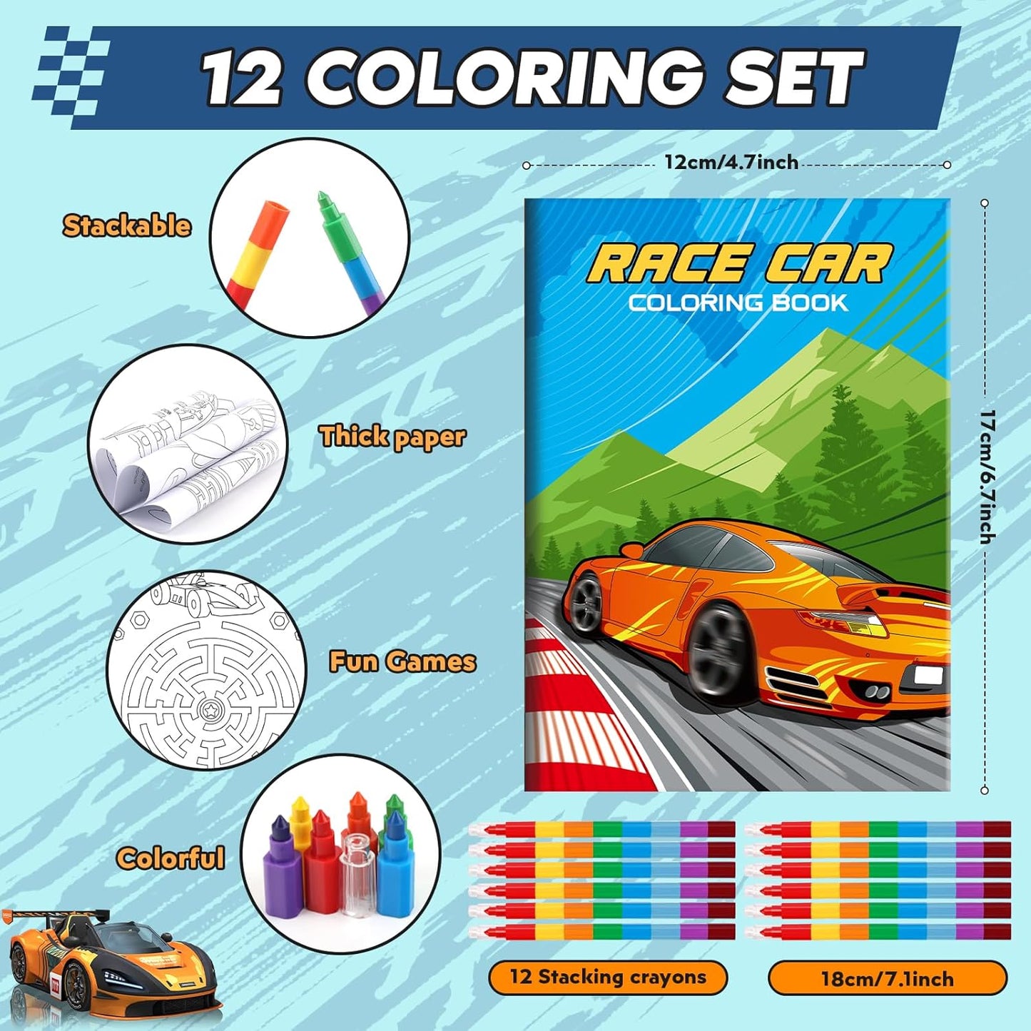 BenLouis 12 Race Car Mini Coloring Books Kids with 12 Stacking Crayons Racing Theme Party Favors Small Activity Books Bulk for Kids Fast Racecar Wheel Birthday Party Gift Goodie Bag Stuffers