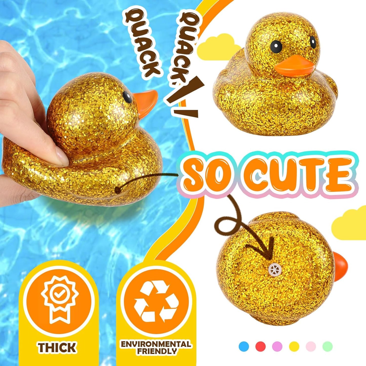 Deekin 6 Pcs 3.54 Inch Glitter Rubber Duck Assortment Toy Duckies Bulk Squeak Rubber Duckies for Kid Baby Bath Shower Pool Classroom Summer Beach Activity