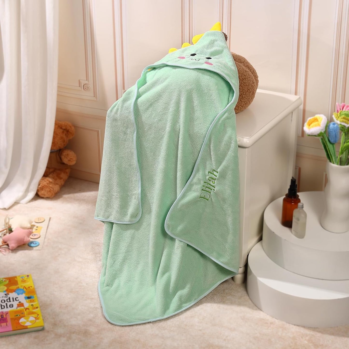 Personalized Baby Towels for Newborn Custom Embroidery Name Hooded Baby Bath Towels for Boy Girl Newborn Essentials Must Haves Shower Gift Soft Coral Velvet 30"x30" (Green)
