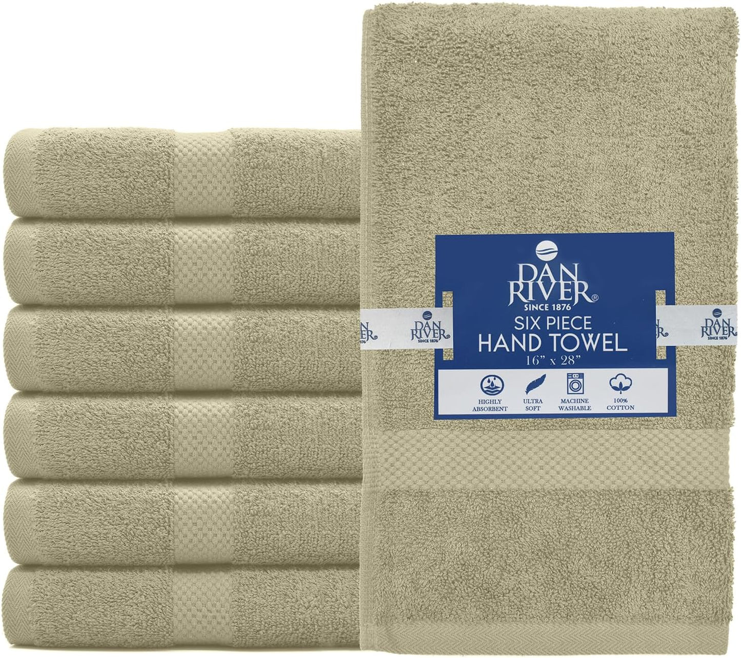 DAN RIVER 6-Pack Premium Hand Towels (16x28 Inches) - 100% Cotton, Ultra Soft, Lightweight, Highly Absorbent Towels for Bathroom, Spa, Gym, Salon, Hotel, and Travel - 550 GSM – Beige