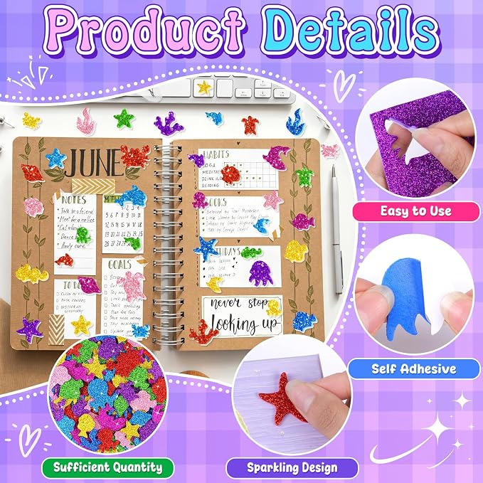 744PCS Glitter Foam Stickers, Colorful Sea Animal Stickers, Self-Adhesive Foam