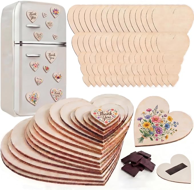 Qunclay 80 Pcs 5 Sizes Wooden Heart Magnets
