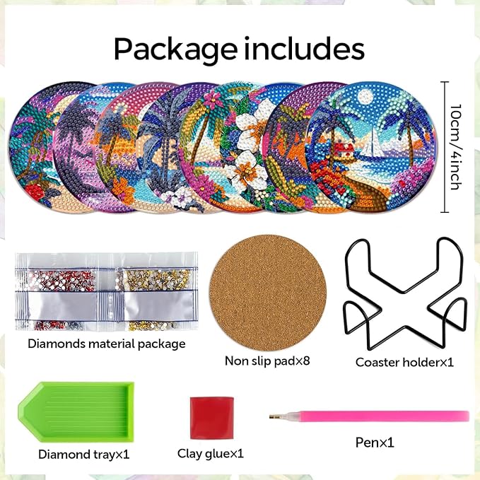 EWJRNSF 8 PCS Beach Diamond Art Coasters DIY Kit
