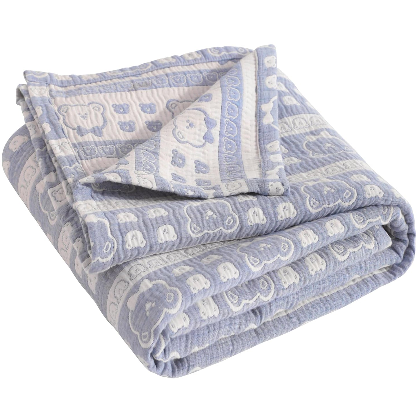NTBAY 3 Layer Oversized Muslin Cotton Toddler Blanket, Jacquard Reversible Nursery Bed Blanket, Super Soft and Thermal for All Seasons, Baby Gift, 45"x60", Blue Bear