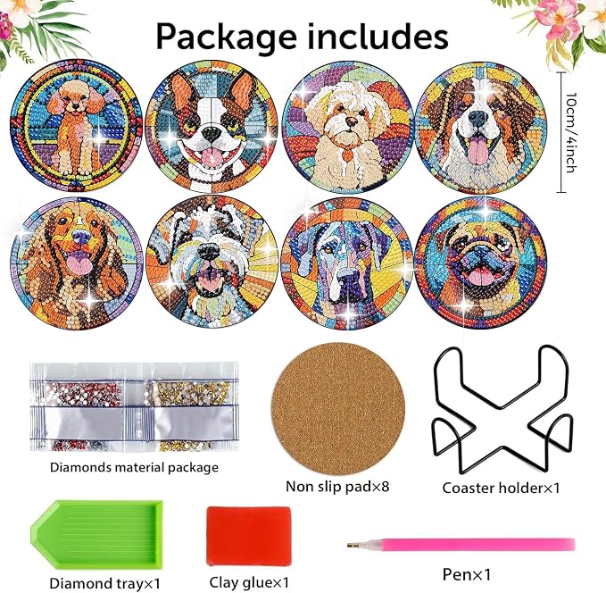 Zythron 8 Pack Dog Diamond Art Coasters, Diamond Painting Coasters Kits | Dog